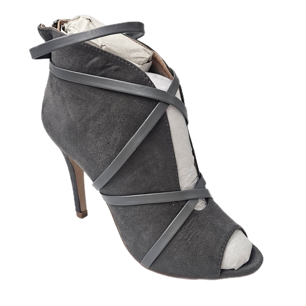 Journee Collection Gray Peep-Toe Suede Strappy Ankle Bootie